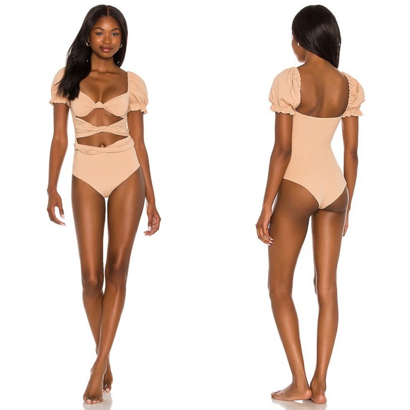 NEW Agua Bendita Oria Dust Halter One Piece Swimsuit in Beige Size Large